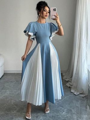 VESTIDO LARGO ELEGANTE COLOR AZUL CON BLANCO