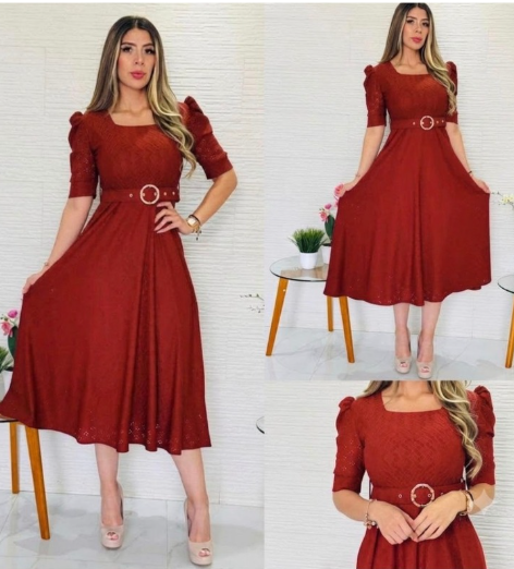 Vestido midi Eyelet fabric color ladrillo con cinturón