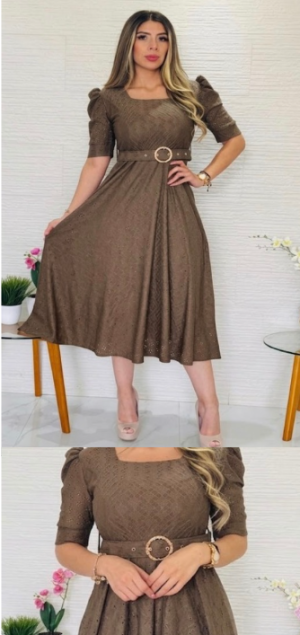 Vestido midi Eyelet fabric color café con cinturón
