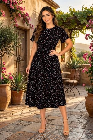 Vestido Midi Floral Negro